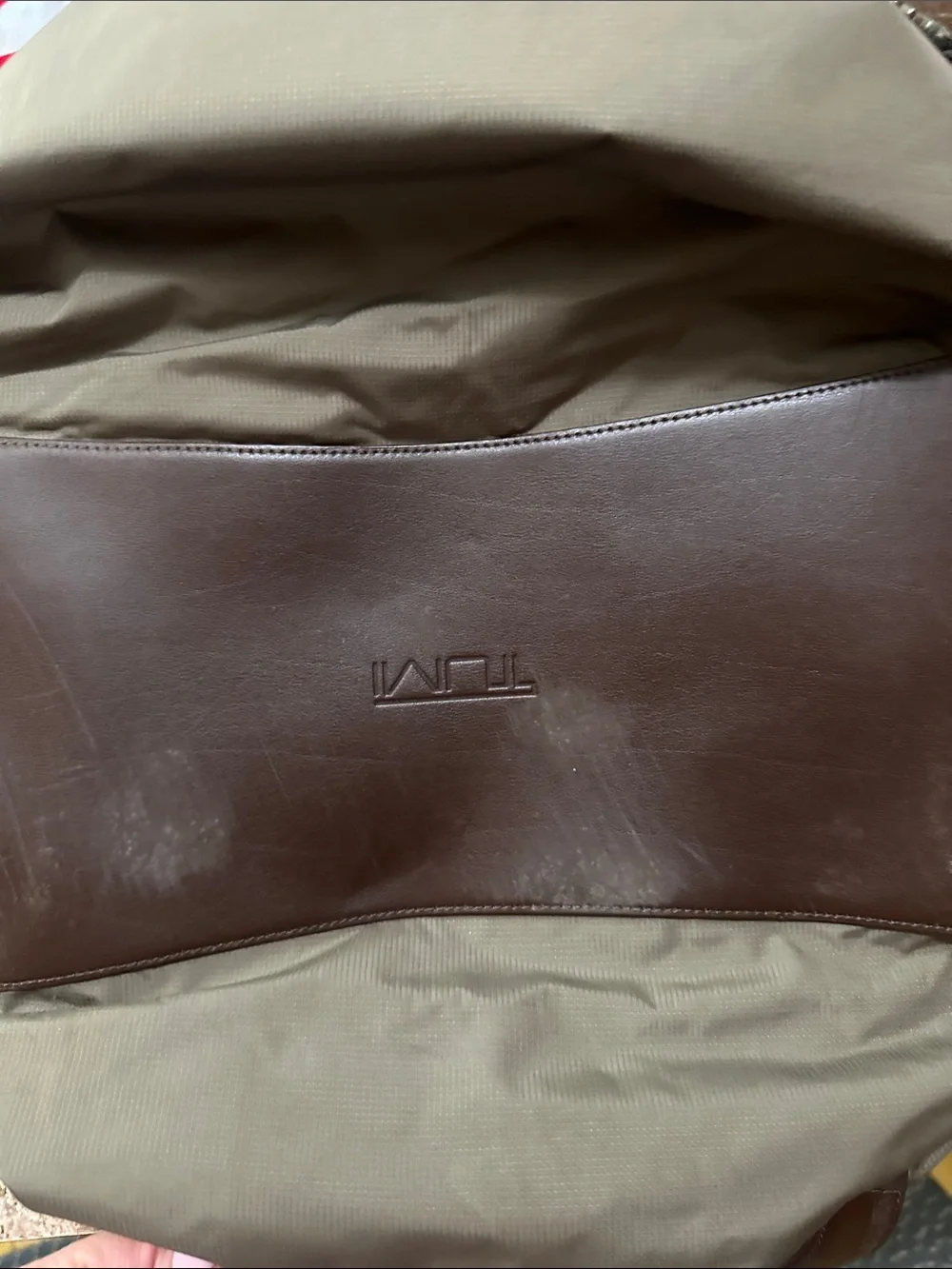 Tumi Olive Fabric and Brown Leather Laptop Bag